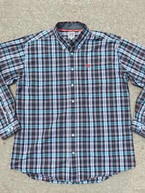 Cinch Men's Medium Blue Red Plaid Long Sleeve Button Down Western Shirt Cotton